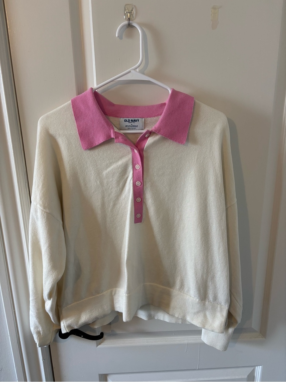 Old Navy Cream Polo Sweater with Pink Trim
